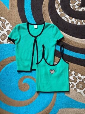 Urban Outfitters Green & Black Cropped Cardigan + Camisole Set